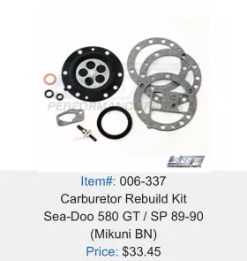 006-337 WSM Carburetor Rebuild Kitsea Doo Mikuni Gt Sp 580